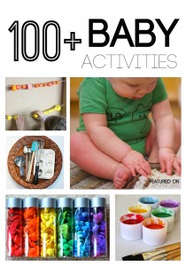 100 Baby Activites including sensory play, busy baskets, fine motor, outdoor, and more play ideas for babies.
