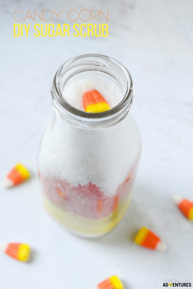This totally awesome candy corn sugar scrub is fun to make and it smells amazing! It's perfect for a relaxing Fall bath time!