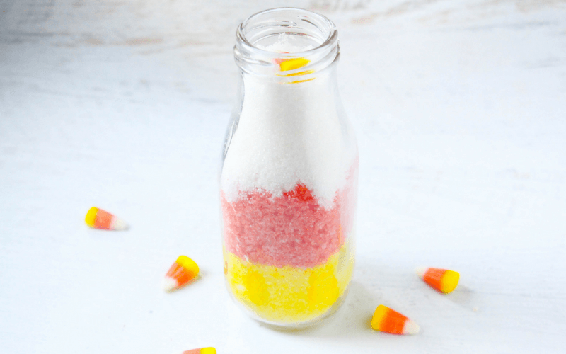 This totally awesome candy corn sugar scrub is fun to make and it smells amazing! It's perfect for a relaxing Fall bath time!