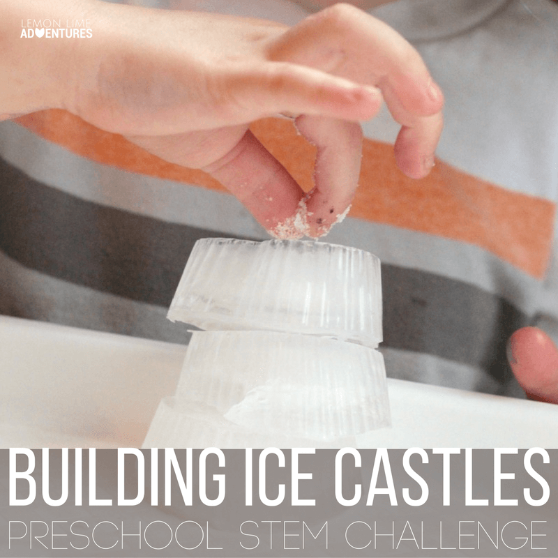 This fun preschool STEM challenge lets preschoolers and toddlers make their very own castles in the ice castle building challenge.