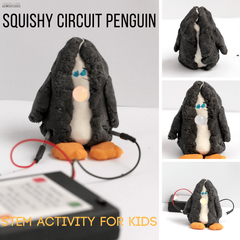We love Squishy Circuits! Use these delightful circuits to make your very own light-up penguin STEM activity! Kids will love it!